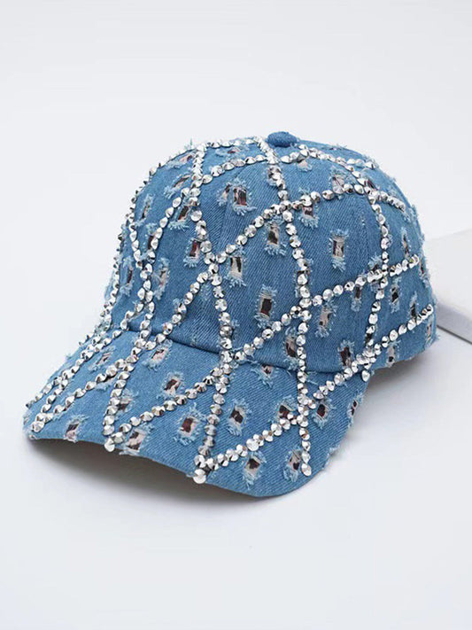Sparkling Rhinestone Destroyed Torn Denim Cap