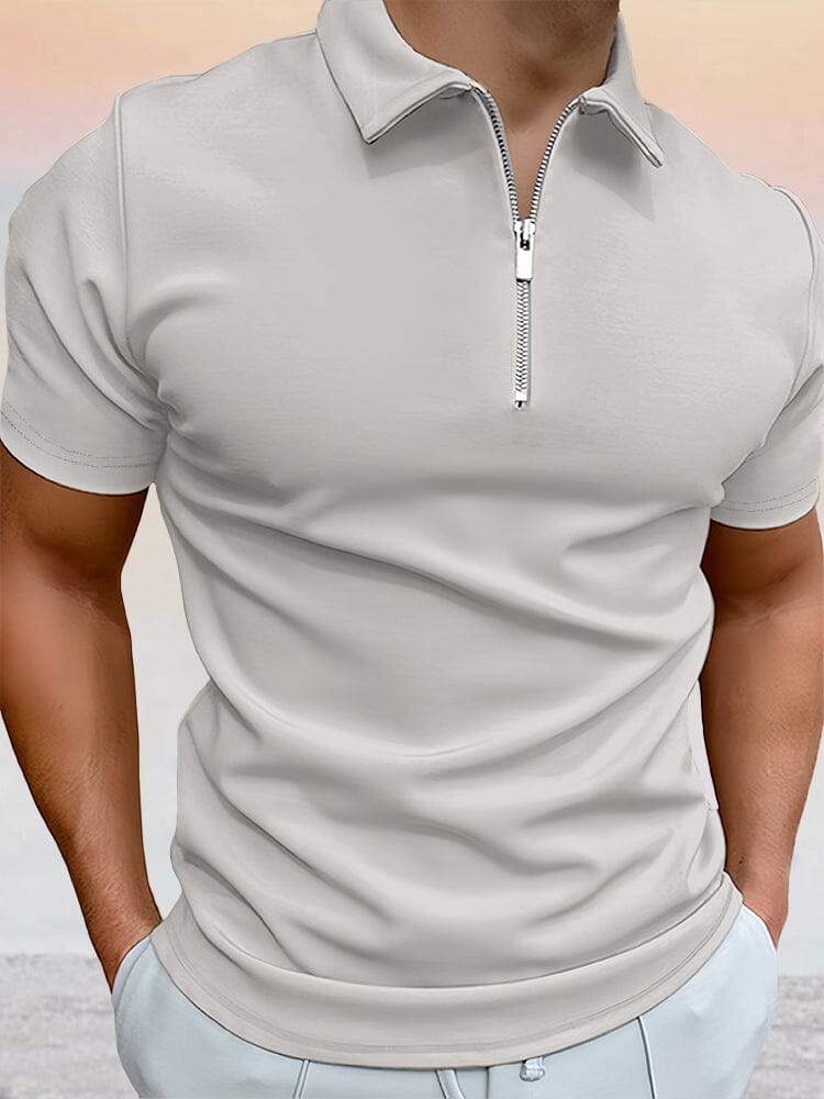 Zipper Solid Short Sleeve Polo Shirt