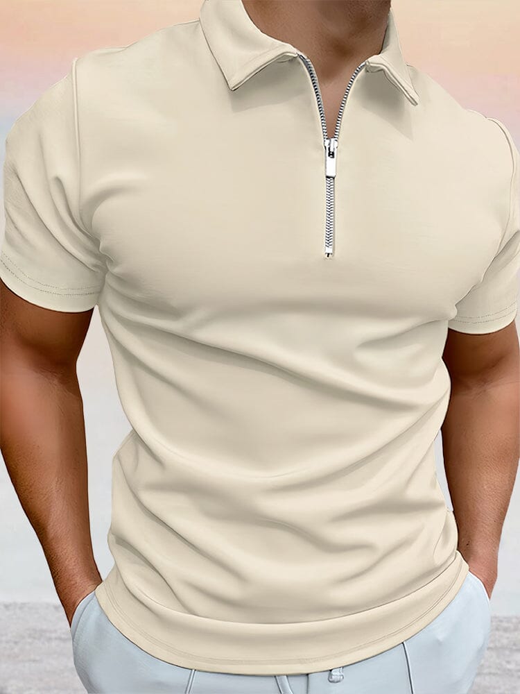 Zipper Solid Short Sleeve Polo Shirt