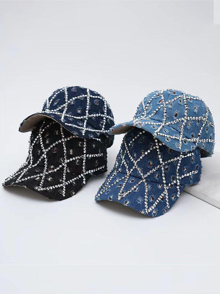 Sparkling Rhinestone Destroyed Torn Denim Cap