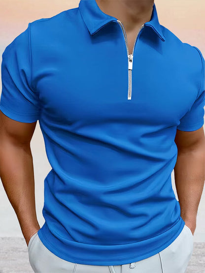 Zipper Solid Short Sleeve Polo Shirt