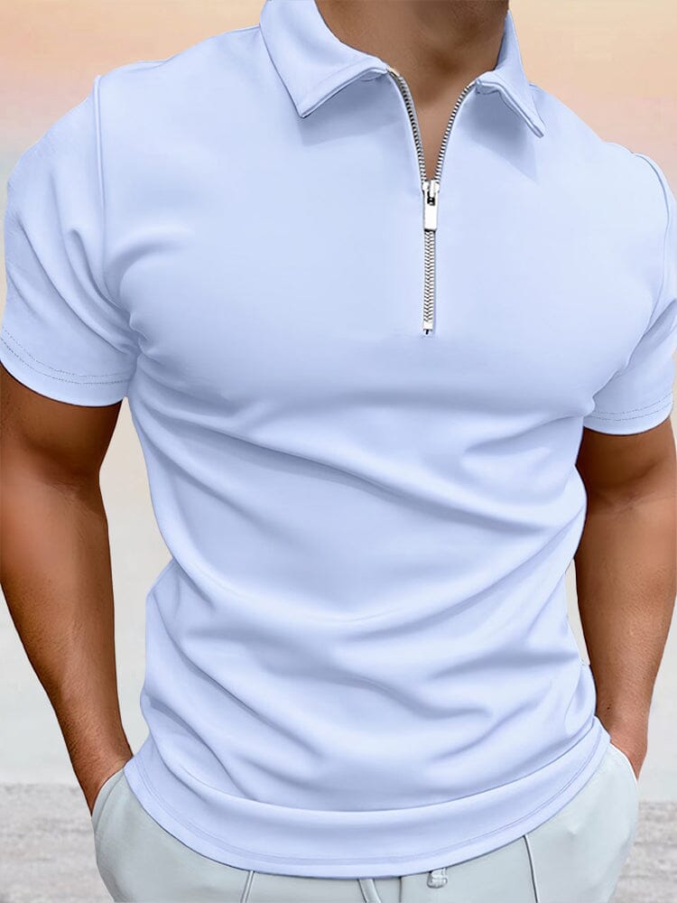 Zipper Solid Short Sleeve Polo Shirt